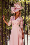 Dusty Rose V-Neck Floral A-Line Midi Mother of the Bride Dress with Sash
