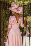 Dusty Rose V-Neck Floral A-Line Midi Mother of the Bride Dress with Sash