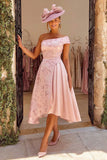 Dusty Rose A-Line One Shoulder Jacquard Midi Mother of the Bride Dress