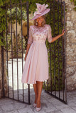 Dusty Rose Floral A Line Midi Pleated Mother of the Bride Dress with Sleeves