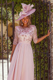 Dusty Rose Floral A Line Midi Pleated Mother of the Bride Dress with Sleeves