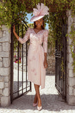 Floral Dusty Rose Ruched V-Neck Midi Mother of the Bride Dress with Sleeves