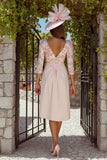 Floral Dusty Rose Ruched V-Neck Midi Mother of the Bride Dress with Sleeves