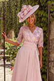 Dusty Rose A Line Floral Midi Mother of the Bride Dress with Sleeves