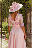 Dusty Rose A Line Floral Midi Mother of the Bride Dress with Sleeves