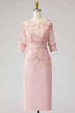 Floral Boat Neck Dusty Rose Midi Mother of the Bride Dress with Sleeves