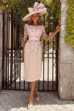 Dusty Rose Floral Boat Neck Midi Mother of the Bride Dress with Sleeves