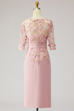Floral Boat Neck Dusty Rose Midi Mother of the Bride Dress with Sleeves