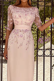 Dusty Rose Floral Boat Neck Midi Mother of the Bride Dress with Sleeves
