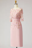 Floral Boat Neck Dusty Rose Midi Mother of the Bride Dress with Sleeves