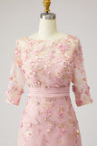 Floral Boat Neck Dusty Rose Midi Mother of the Bride Dress with Sleeves