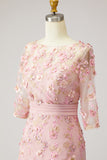 Floral Boat Neck Dusty Rose Midi Mother of the Bride Dress with Sleeves