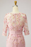 Floral Boat Neck Dusty Rose Midi Mother of the Bride Dress with Sleeves