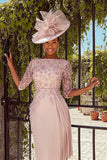 Dusty Rose Bodycon Bateau Neck Midi Floral Mother of the Bride Dress