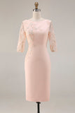 Candy Pink 3/4 Sleeves Bodycon Midi Mother of the Bride Dress with Embroidery