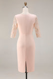 Candy Pink 3/4 Sleeves Bodycon Midi Mother of the Bride Dress with Embroidery
