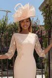 Candy Pink 3/4 Sleeves Bodycon Midi Mother of the Bride Dress with Embroidery