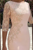 Candy Pink 3/4 Sleeves Bodycon Midi Mother of the Bride Dress with Embroidery