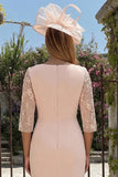Candy Pink 3/4 Sleeves Bodycon Midi Mother of the Bride Dress with Embroidery