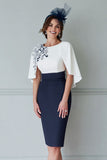 White and Navy Floral Bodycon Midi Mother of the Bride Dress