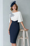 White and Navy Bodycon Midi Appliqued Mother of the Bride Dress