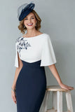 White and Navy Bodycon Midi Appliqued Mother of the Bride Dress
