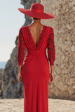 Red Ruched Long Sleeves Mother of the Bride Dress with Lace