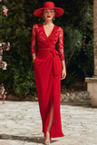 Red V-Neck Lace Sheath Long Mother of the Bride Dress with Slit
