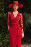 Red V-Neck Lace Sheath Long Mother of the Bride Dress with Slit