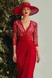 Red Lace V-Neck Mermaid Long Mother of the Bride Dress with Sleeves