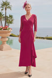 Dark Red Mermaid Long Ruffled Mother of the Bride Dress with Lace