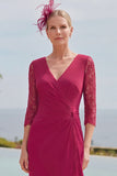 Dark Red Mermaid Long Ruffled Mother of the Bride Dress with Lace