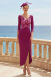 Fuchsia Floral V-Neck Appliqued Long Mother of the Bride Dress with Sleeves
