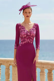Fuchsia Floral V-Neck Appliqued Long Mother of the Bride Dress with Sleeves