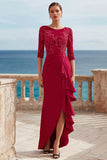 Dark Red Appliqued Long Mother of the Bride Dress with Drape