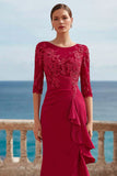 Dark Red Appliqued Long Mother of the Bride Dress with Drape