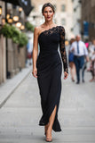 Black Long One Shoulder Sheath Mother of the Bride Dress with Lace