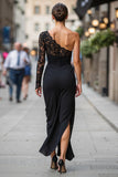 Black Long One Shoulder Sheath Mother of the Bride Dress with Lace