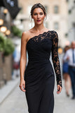 Black Long One Shoulder Sheath Mother of the Bride Dress with Lace