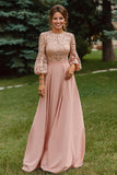 Dusty Rose Long Sleeves A Line Long Mother of the Bride Dress with Lace