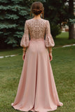 Dusty Rose Long Sleeves A Line Long Mother of the Bride Dress with Lace