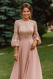 Dusty Rose Long Sleeves A Line Long Mother of the Bride Dress with Lace