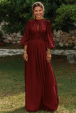 Dusty Blue Puff Sleeves Long A Line Mother of the Bride Dress with Keyhole