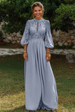 Dusty Blue Puff Sleeves Long A Line Mother of the Bride Dress with Keyhole