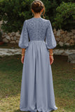 Dusty Blue Puff Sleeves Long A Line Mother of the Bride Dress with Keyhole