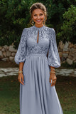 Dusty Blue Puff Sleeves Long A Line Mother of the Bride Dress with Keyhole