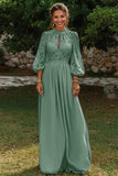 Dusty Blue Puff Sleeves Long A Line Mother of the Bride Dress with Keyhole