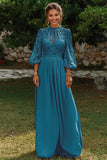 Dusty Blue Puff Sleeves Long A Line Mother of the Bride Dress with Keyhole