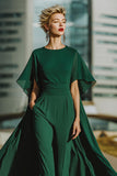 Dark Green Jewel Neck Long Mother of the Bride Pantsuits with Cape