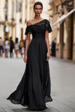 Black Chiffon A Line Long Mother of the Bride Dress with Lace